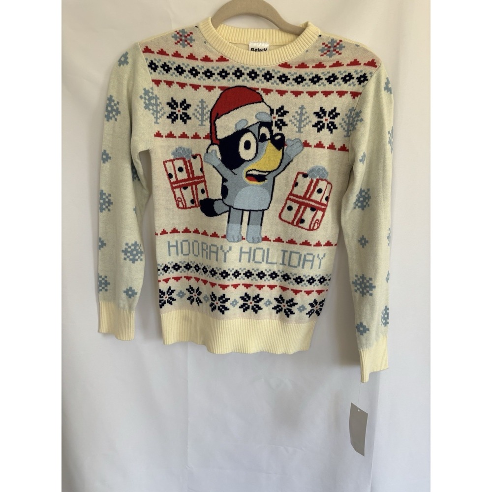 Bluey Merry Christmas Sweater "Hooray Holiday" Ivory Color SZ Small 4/5 Yrs NWT